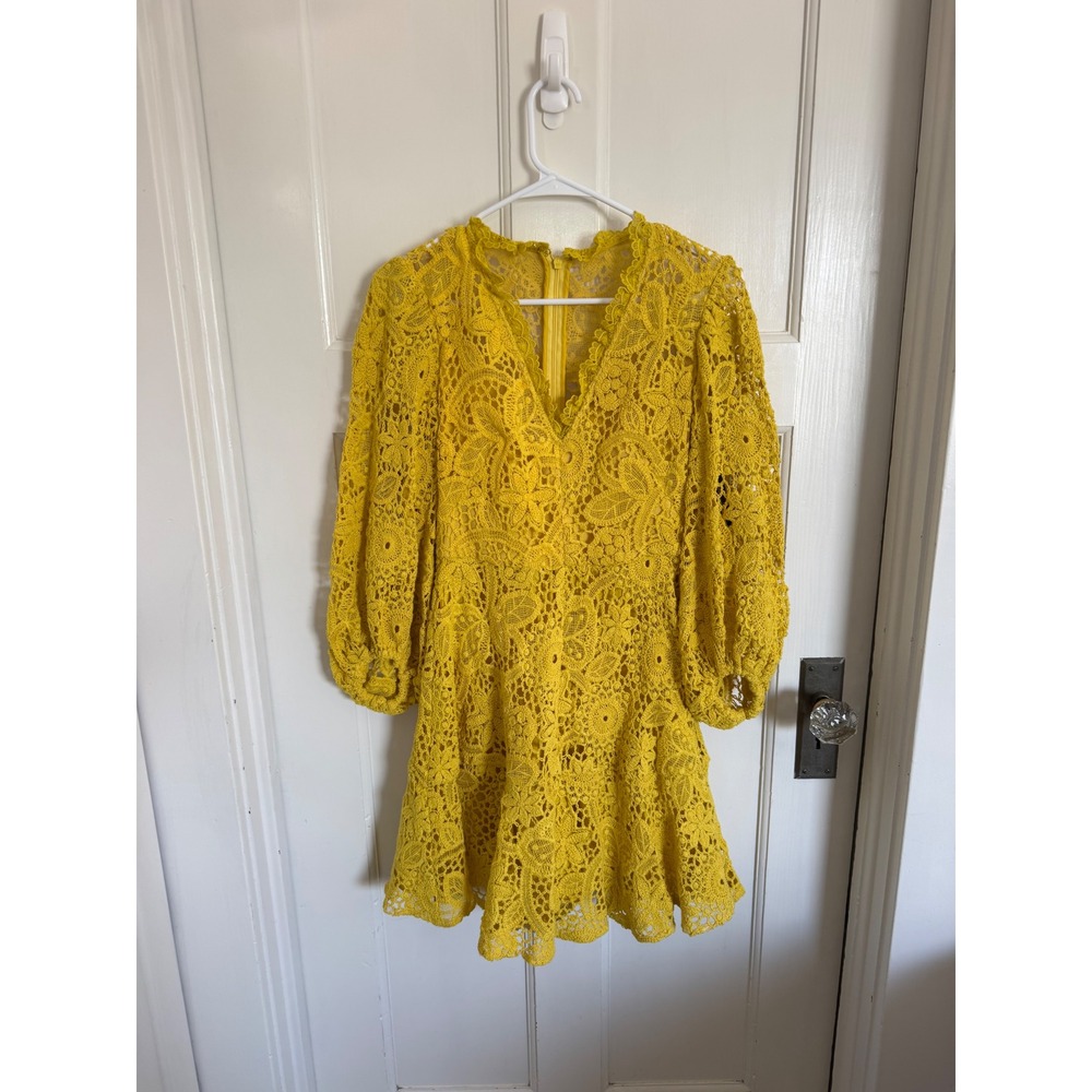 Pearl by Lela Rose yellow lace long sleeve a-line dress